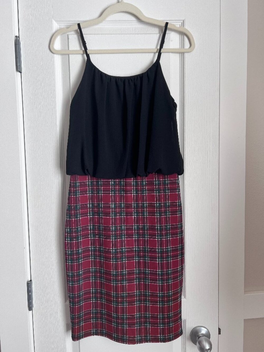Festive Red Tartan Plaid Spaghetti Strap Pencil Dress - Size 6